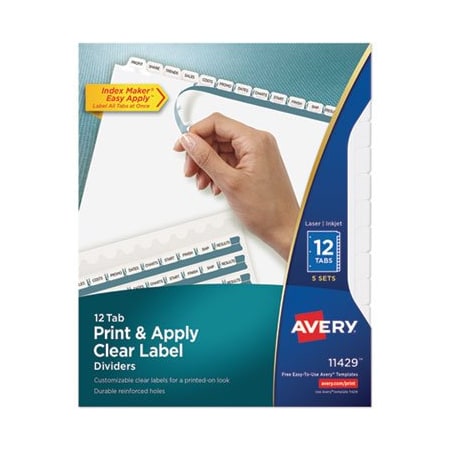 Avery Dennison Avery, PRINT AND APPLY INDEX MAKER CLEAR LABEL DIVIDERS, 12 WHITE TABS, LETTER, 5PK 11429